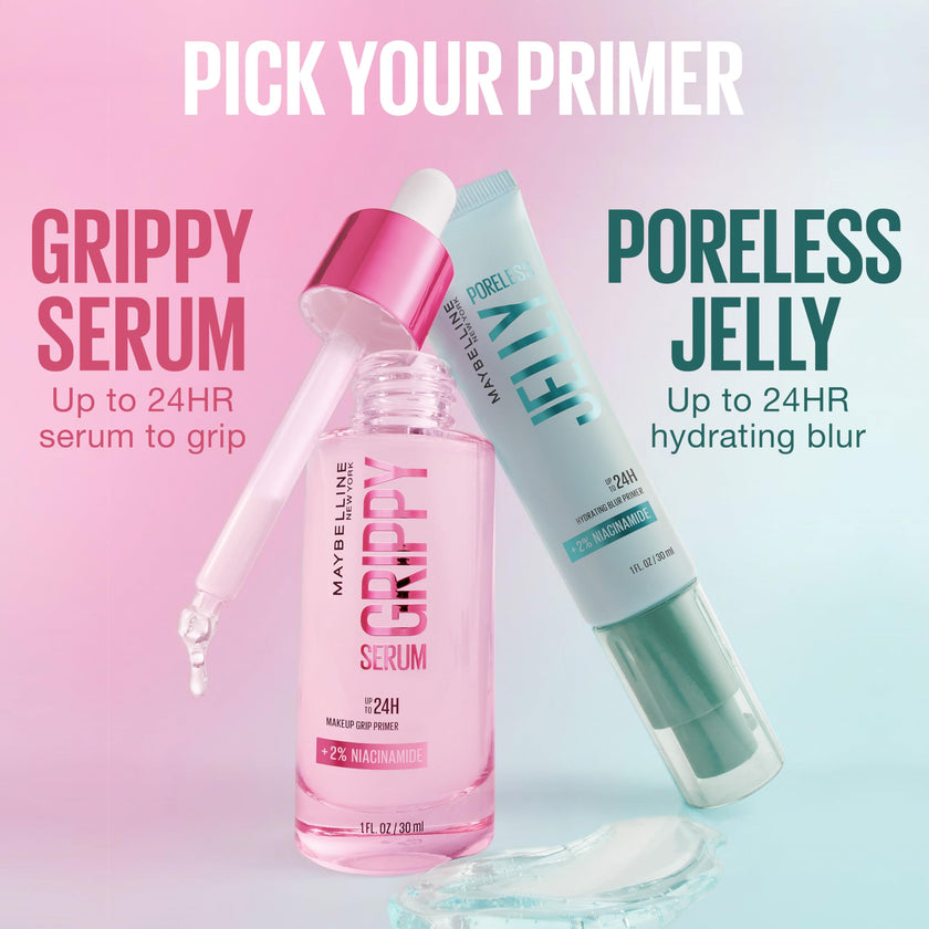 Maybelline Grippy Serum Primer, Hydrating Makeup Primer with 2% Niacinamide For Up To 24HR Make Up Wear, Glides Like Serum, Plumped Skin Look, Clear, 30 ml 🍁 All In One Marketplace Canada