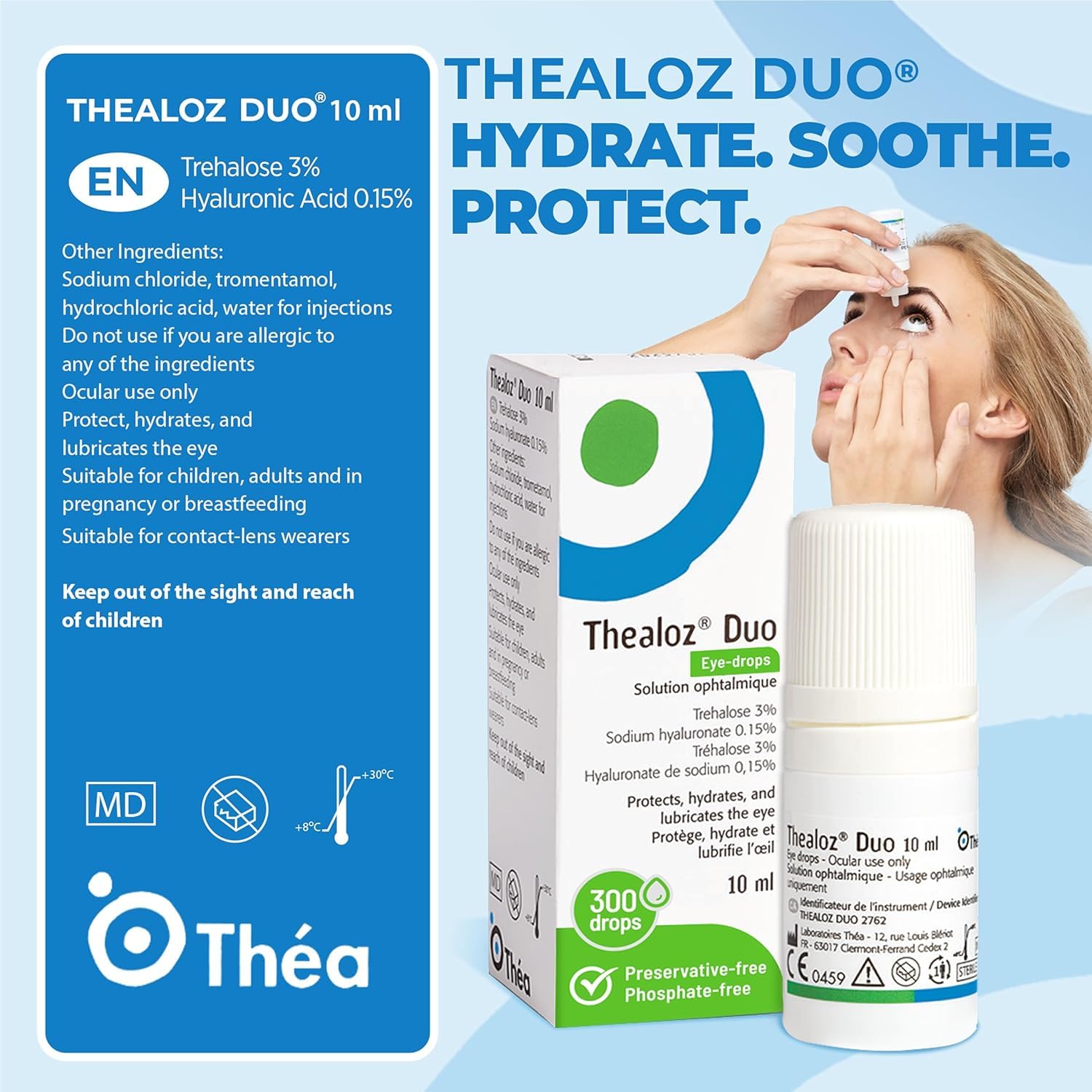 Thea Pharma Thealoz Duo Eye Drops, Clinically Proven for Dry Eyes, Hydration with Hyaluronic Acid & Trehalose, Tear Film Stabilization, Contact Lens Compatible - 10 ml (300 Drops) 🍁 All In One Marketplace Canada