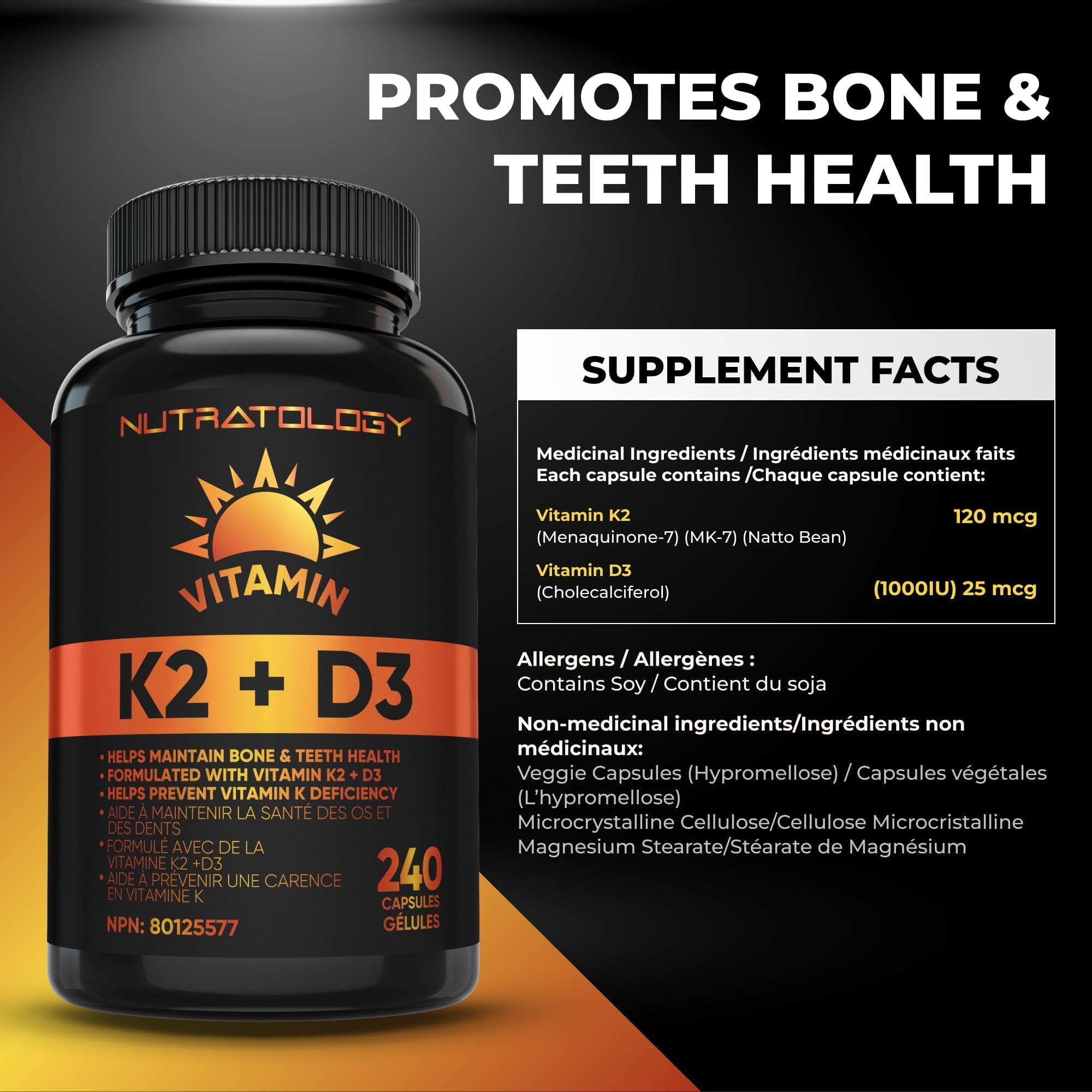 Nutratology® Vitamin K2 + D3 | Canadian-Made | Highest Potency 120MCG/1000 IU - 240 Capsules - Helps Maintain Bone & Teeth Health - Formulated With MK-7 For Best Results - Immune System Support. 🍁 All In One Marketplace Canada