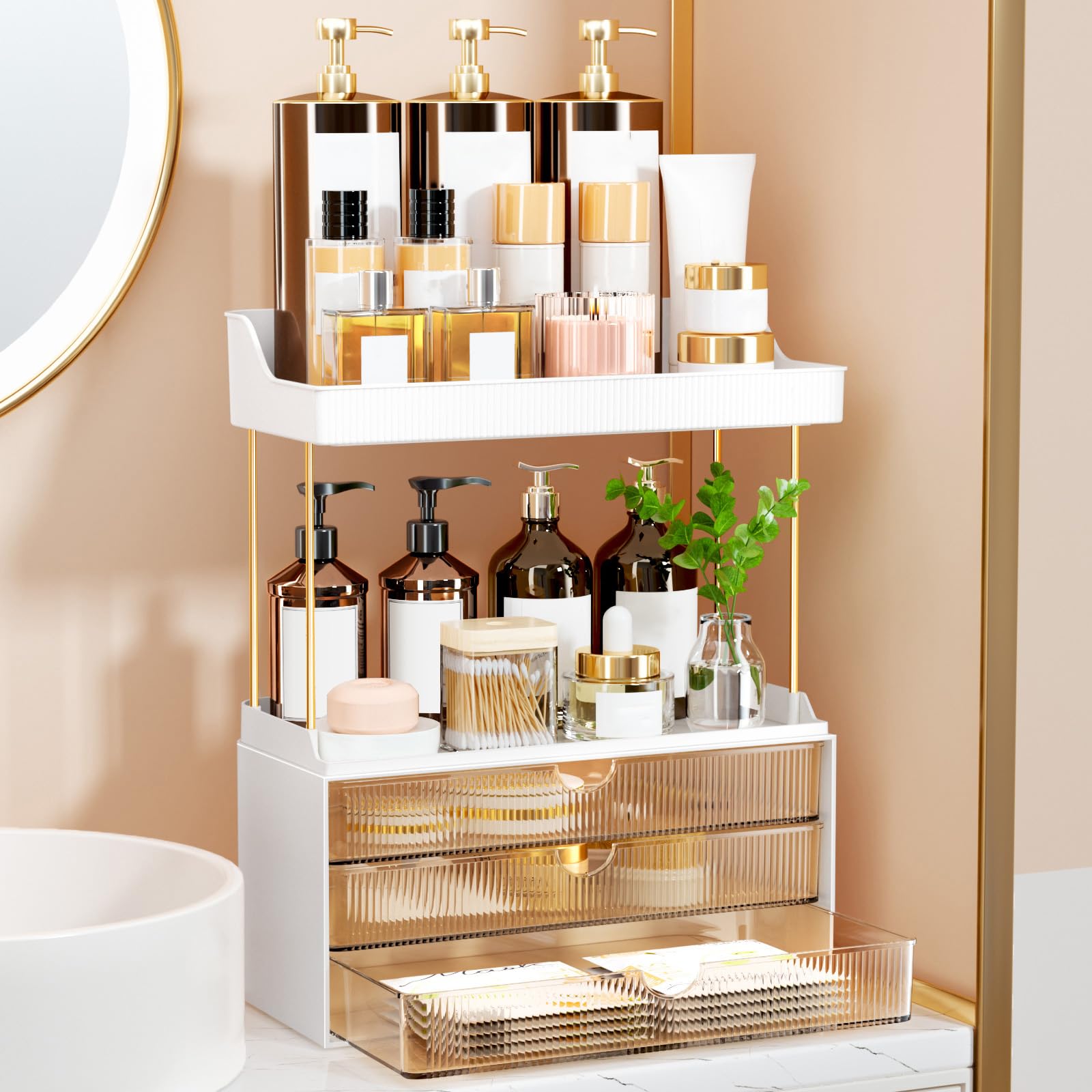 StorBin 3 Large Drawers Makeup Organizer - 5 Tier Bathroom Counter Organizers and Storage, Versatile Perfume Vanity Organizer, Ideal for Cosmetic, Large Skincare, Face Mask, Office Supplies, Amber 🍁 All In One Marketplace Canada