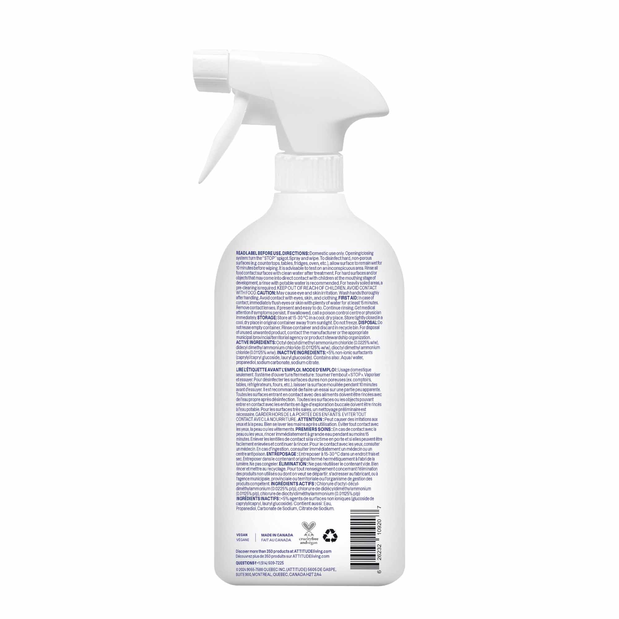 ATTITUDE Disinfectant Spray, All Purpose Cleaner with 99.99% Germ & Virus Elimination, Vegan & Plant-Based, Multi-Surface, Made in Canada, Unscented, 800 mL (Pack of 3) 🍁 All In One Marketplace Canada