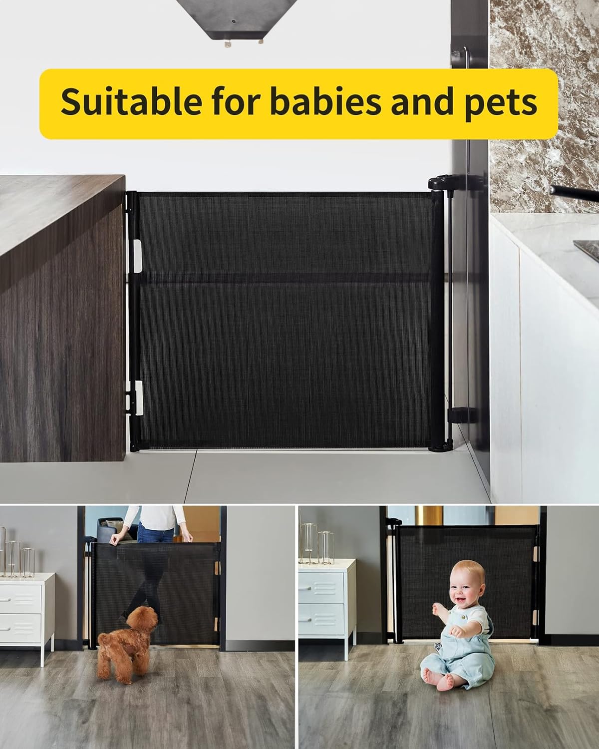 Retractable Baby Gates for Stairs, 55 Wide Mesh Dog Gate for Doorways, 33.6