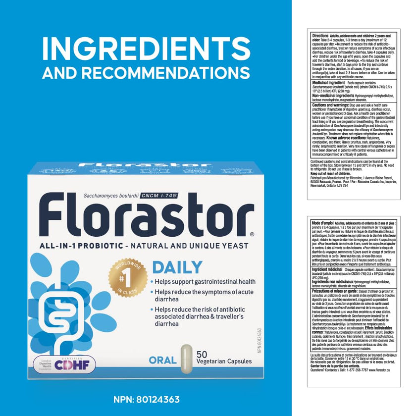 Florastor - Saccharomyces Boulardii CNCM I-745 - Daily All in One Probiotic - Gut Health & Digestive Support - Supports Immune System - The 1 Probiotic in class Worldwide - For Adults & Family (50 count (Pack of 1)) 🍁 All In One Marketplace Canada