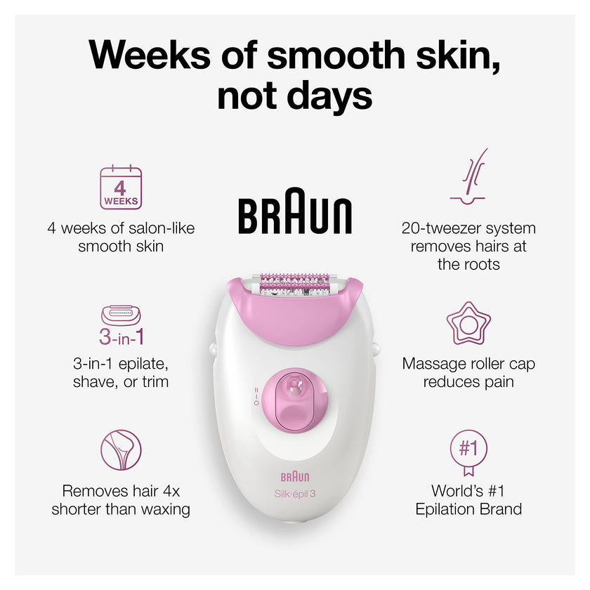 Braun Silk-épil 3 3-270, Epilator for Women for Long-Lasting Hair Removal, 20 Tweezer system, Smartlight Technology, Massage rollers, Shaver and Trimmer Head Included 🍁 All In One Marketplace Canada