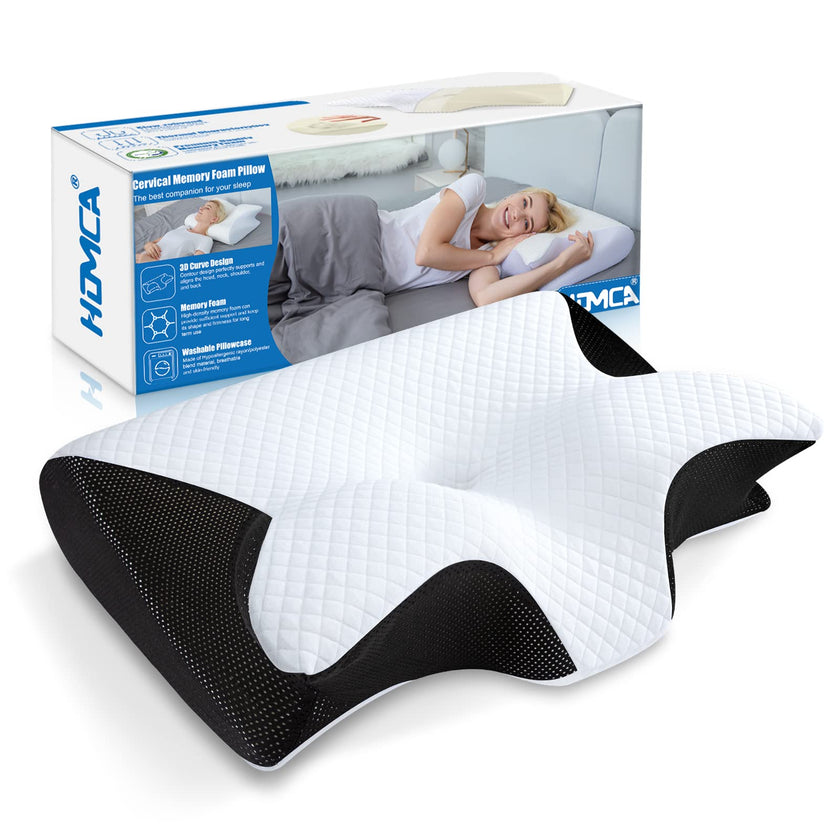 HOMCA Memory Foam Pillow, 2 in 1 Cervical Pillow for Neck Pain Relief, Ergonomic Neck Support Pillows for Side Back Stomach Sleepers with Breathable Pillowcase (Black) 🍁 All In One Marketplace Canada