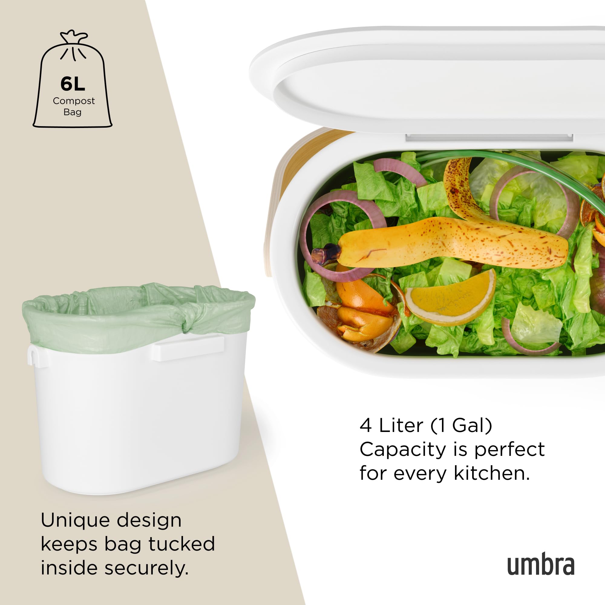 Umbra Bellwood Kitchen Compost Bin – White/Natural, Countertop or Cabinet Mounted, 4L Compost Container with Hidden Bag Retainer, BPA-Free & Dishwasher Safe| Bellwood Collection 🍁 All In One Marketplace Canada