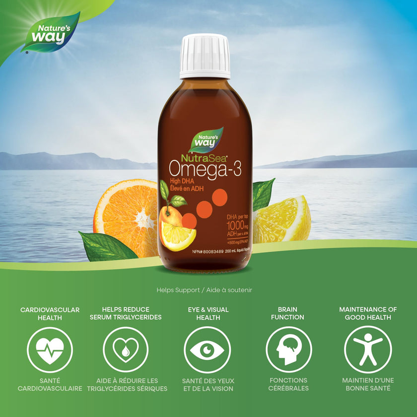 Nature's Way NutraSea High DHA Omega 3 Fish Oil Liquid Supplement for Adults and Kids Ages 14+ – Juicy Citrus Flavour, Non-GMO – Brain & Cognitive Support – 1500mg EPA & DHA, 200 mL 🍁 All In One Marketplace Canada