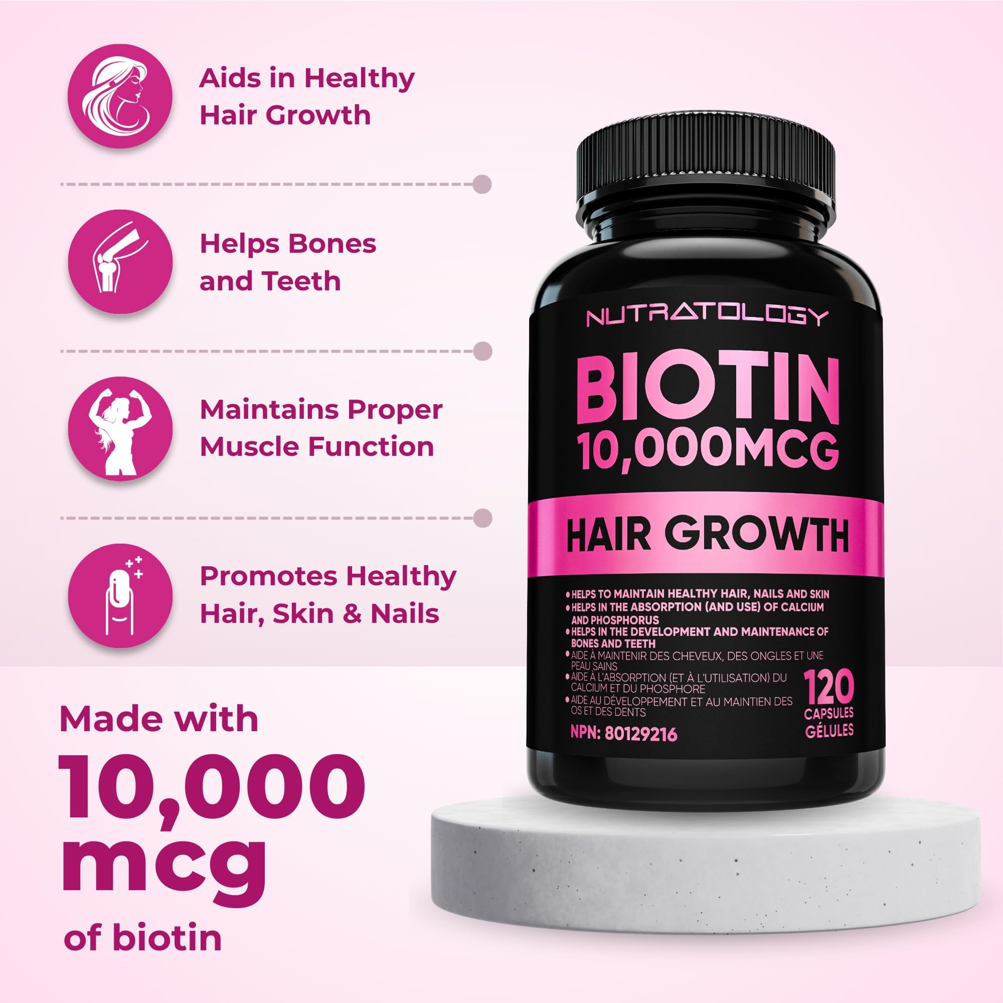 Biotin 10000MCG Hair Vitamins For Hair Growth Women | Canadian-Made | Promotes Healthy Skin & Nail Growth - Supports Muscle Function - Biotin Supplement - Hair Growth Products for Women - 120 capsules 🍁 All In One Marketplace Canada