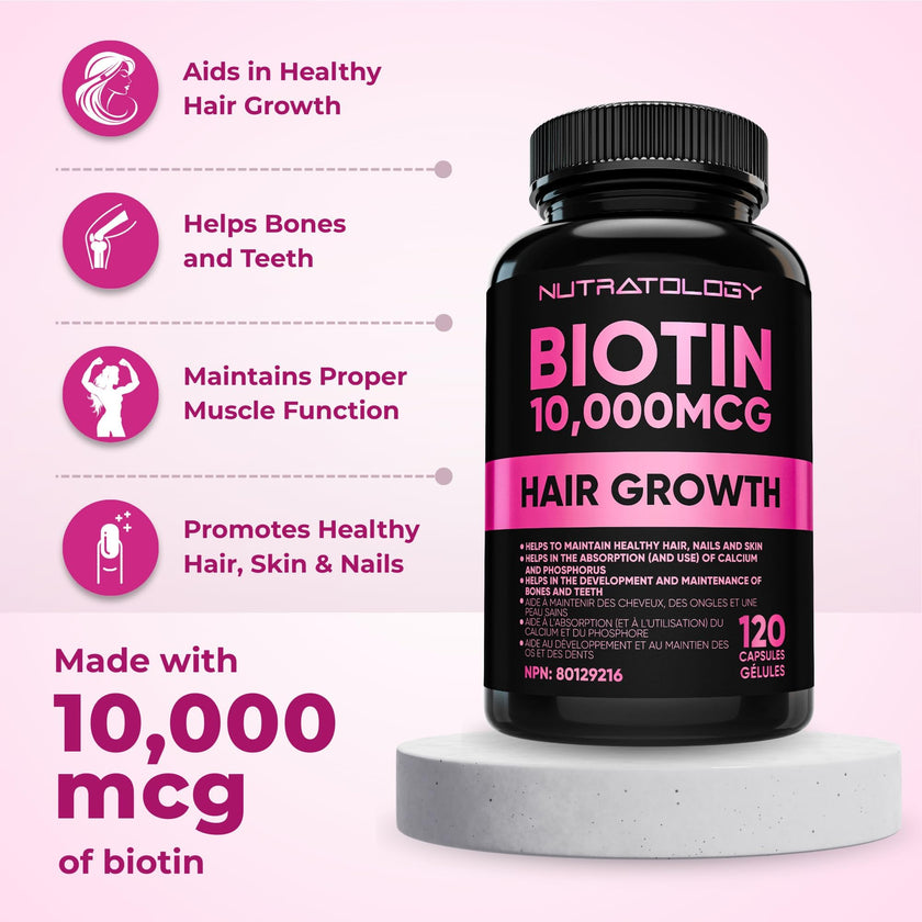 Biotin 10000MCG Hair Vitamins For Hair Growth Women | Canadian-Made | Promotes Healthy Skin & Nail Growth - Supports Muscle Function - Biotin Supplement - Hair Growth Products for Women - 120 capsules 🍁 All In One Marketplace Canada
