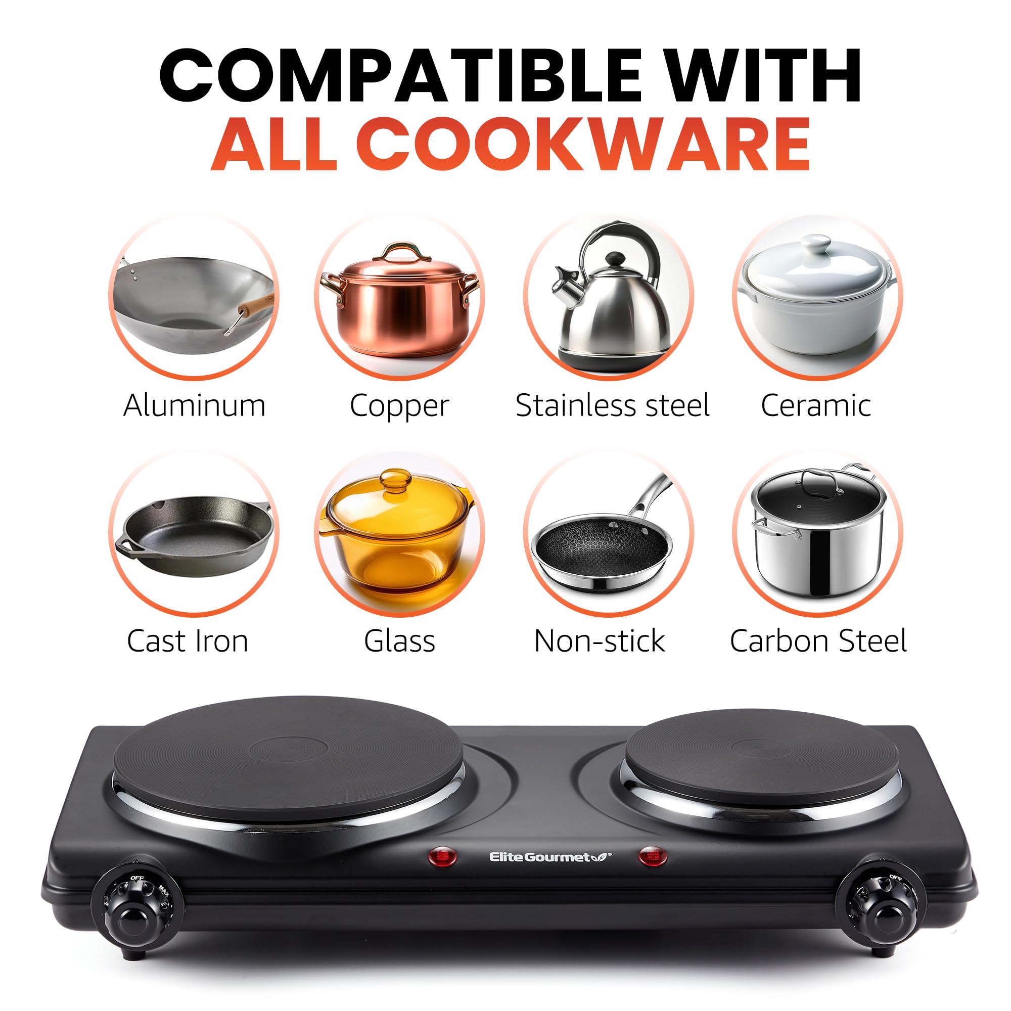 Elite Gourmet EDB-302BF# Countertop Double Cast Iron Burner, 1500 Watts Electric Hot Plate, Temperature Controls, Power Indicator Lights, Easy to Clean, Black 🍁 All In One Marketplace Canada