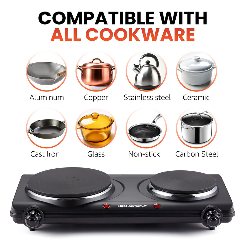 Elite Gourmet EDB-302BF# Countertop Double Cast Iron Burner, 1500 Watts Electric Hot Plate, Temperature Controls, Power Indicator Lights, Easy to Clean, Black 🍁 All In One Marketplace Canada