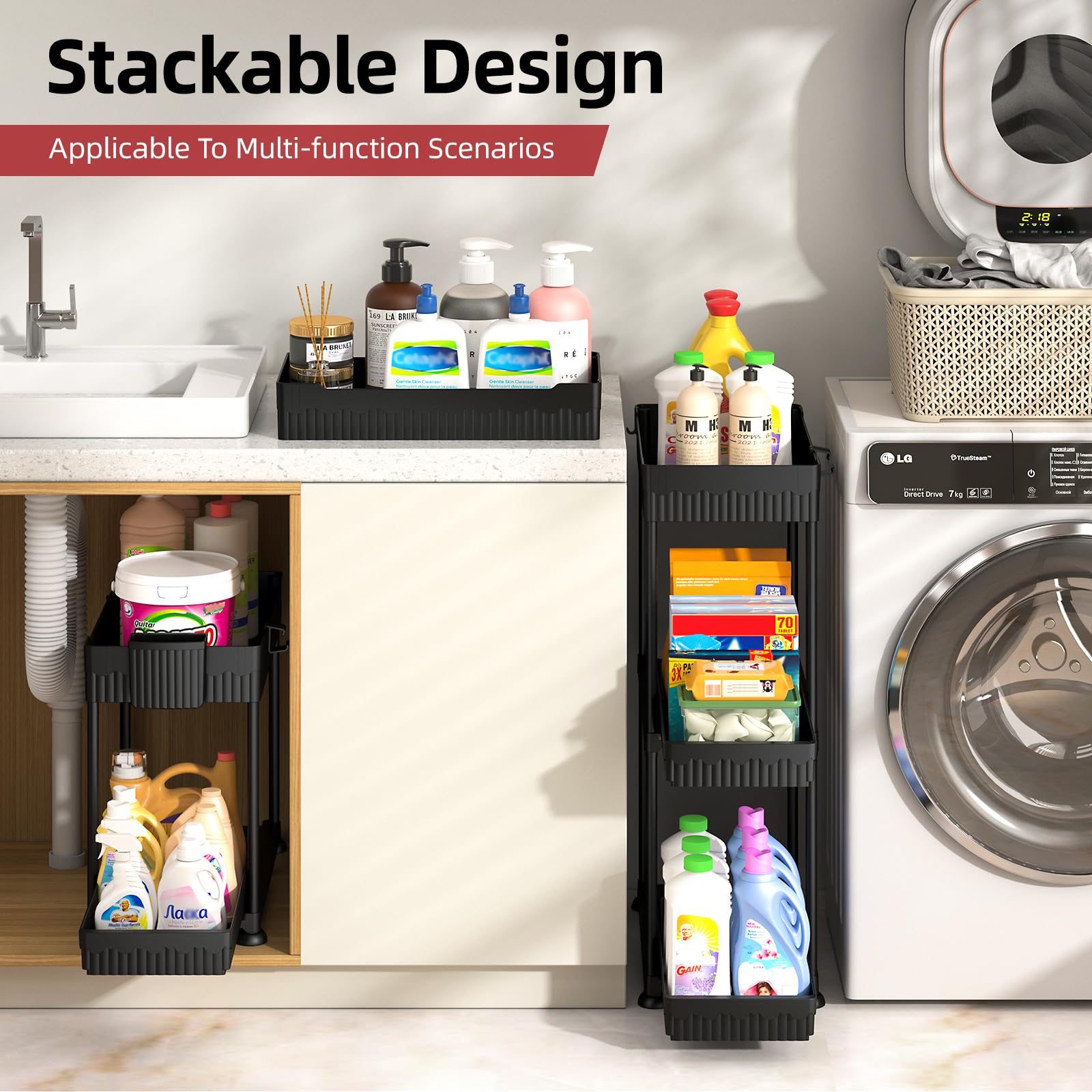 Sevenblue 4 Pack Under Sink Organizer and Storage,Bathroom Organizers, Multi-Use Under Sink Organizer for Bathroom and Kitchen with Sliding Drawer, Hang Hooks and Cup (Black, L) 🍁 All In One Marketplace Canada