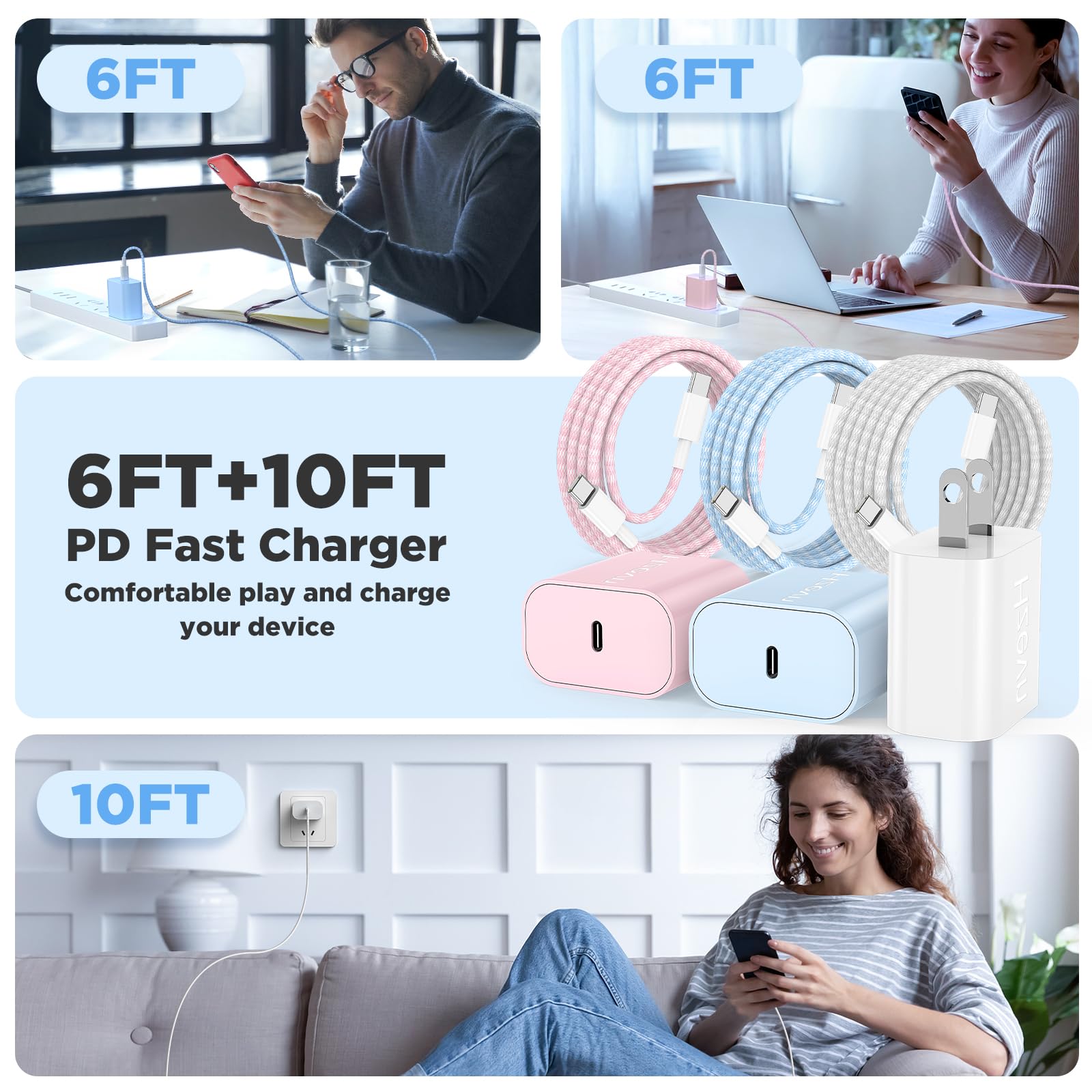 Hzevn for iPhone 16 Chargers Fast Charging,3 Pack 20W USB C Charger Block with 6.6/6.6/10ft Long USB C to USB C Cable for iPhone 17/16/15 Pro Max/15 Pro/15 Plus 🍁 All In One Marketplace Canada