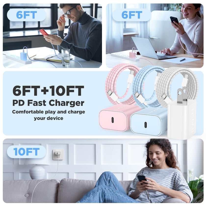 Hzevn for iPhone 16 Chargers Fast Charging,3 Pack 20W USB C Charger Block with 6.6/6.6/10ft Long USB C to USB C Cable for iPhone 17/16/15 Pro Max/15 Pro/15 Plus 🍁 All In One Marketplace Canada