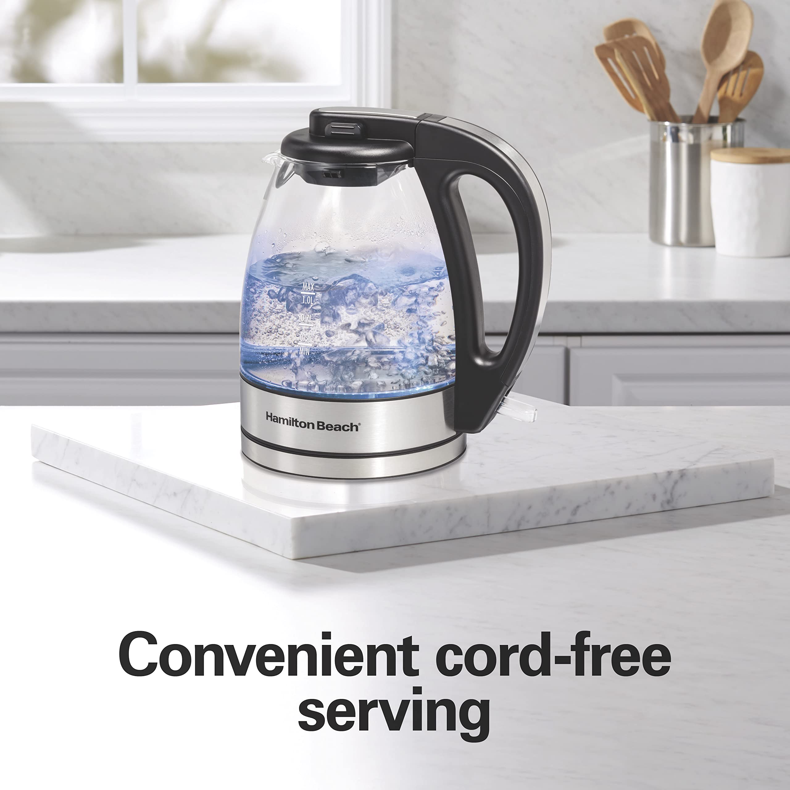 Hamilton Beach Glass Electric Kettle, 1 L, 1500W Fast Boiling Water Boiler, Cordless, Soft Blue LED Light, Auto Shutoff & Boil-Dry Protection, BPA-Free, Compact Size (40930JC) 🍁 All In One Marketplace Canada