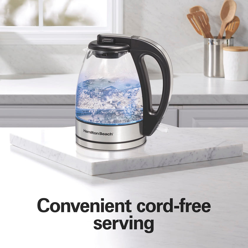 Hamilton Beach Glass Electric Kettle, 1 L, 1500W Fast Boiling Water Boiler, Cordless, Soft Blue LED Light, Auto Shutoff & Boil-Dry Protection, BPA-Free, Compact Size (40930JC) 🍁 All In One Marketplace Canada