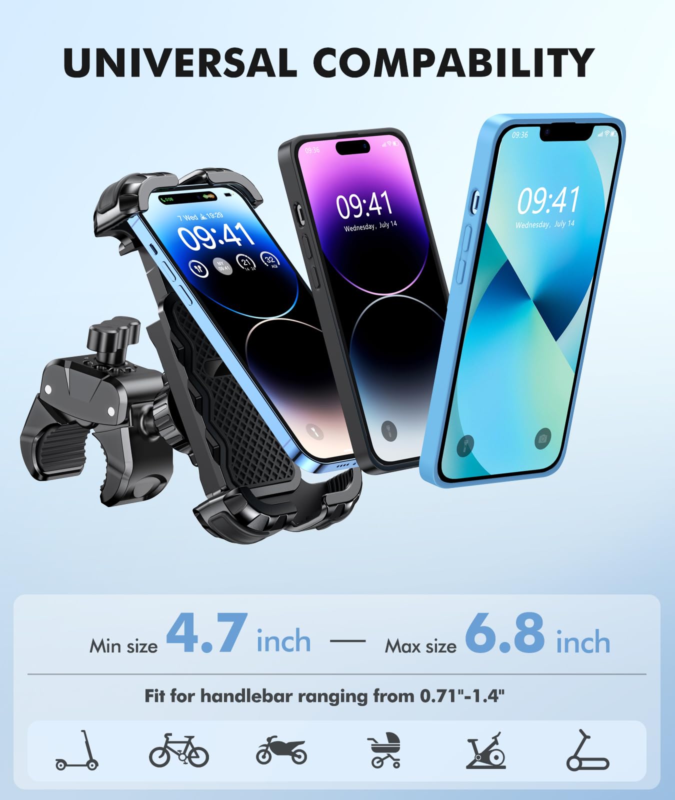 WOCBUY Bike Phone Mount, Upgrade [1s Lock][Secure Protection] Motorcycle Phone Mount, [360° Rotatable] Phone Holder for Bike Handlebar Compatible with iPhone/Samsung 4.7-6.8