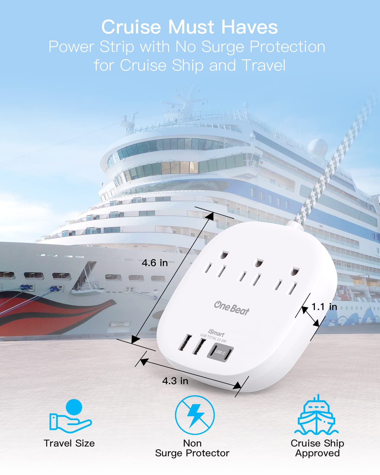 One Beat Flat Plug Power Bar with USB C, 6FT Ultra-Thin Extension Cord, 3 Outlet with 4 USB Ports (2 USB C) Desktop Charging Station, No Surge Protection for Cruise Ship, Travel Essentials, Dorm Room 🍁 All In One Marketplace Canada
