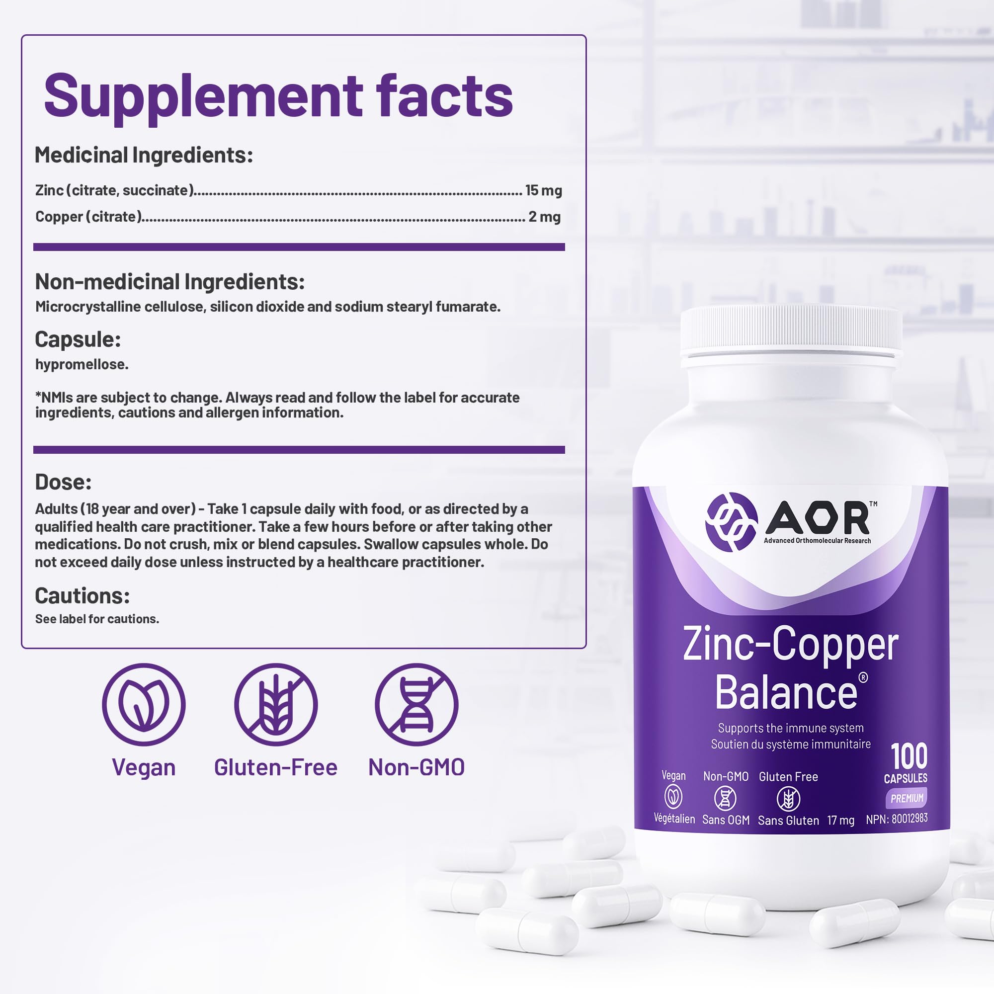 AOR Zinc Copper Balance 17mg, 100 V-Caps, 100-Day Supply - Nutrient Support for Skin, Hair, Bone & Overall Wellness, NON-GMO & Gluten-Free, Easy-to-Swallow, Zinc & Copper Supplements for Men & Women 🍁 All In One Marketplace Canada