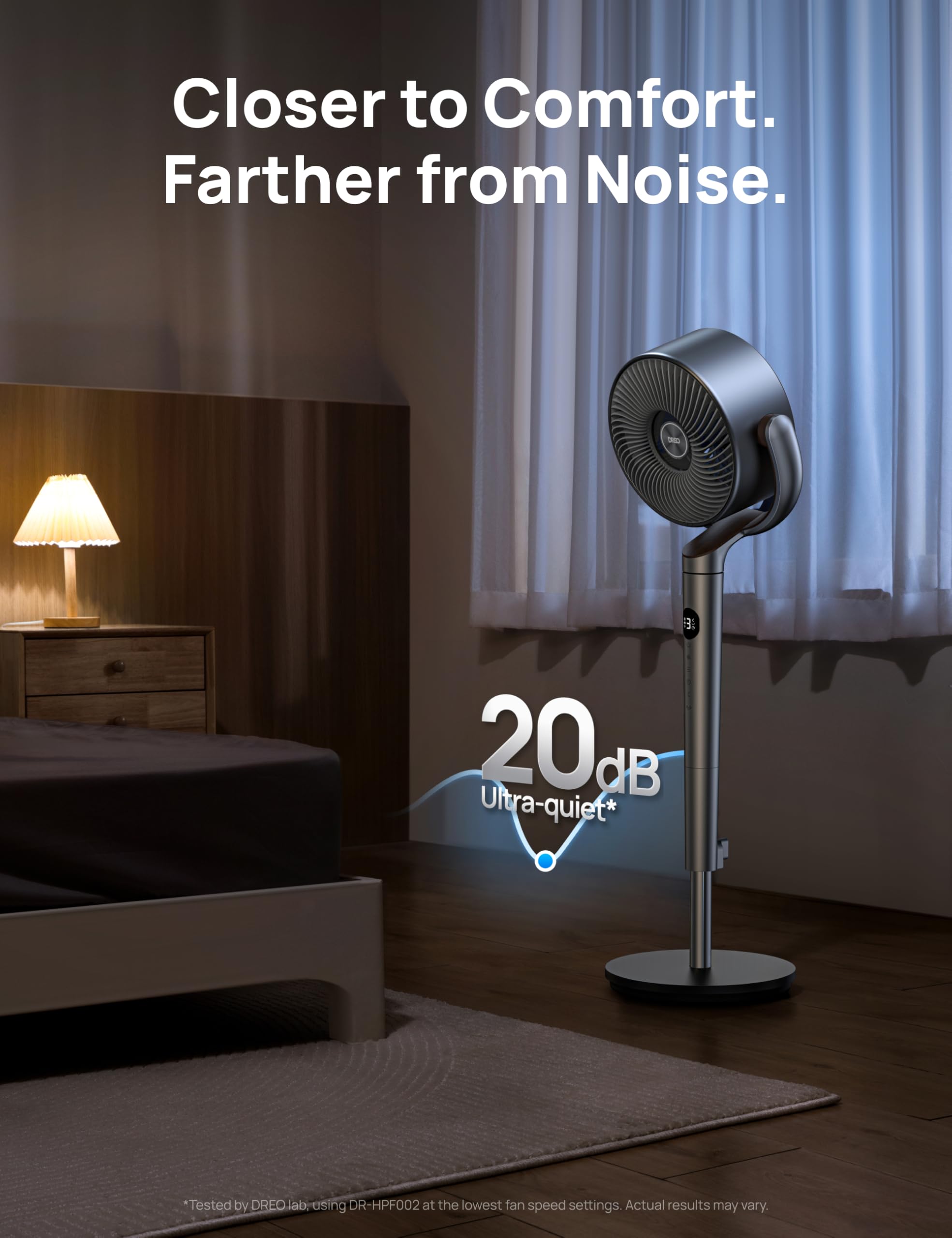 DREO Fan for Bedroom, 120°+120°Omni-directional Oscillating Fan, 90ft, DC Motor, 20 dB Quiet Standing Pedestal Fans, 8 Speeds, 3 Modes Circulator with Remote, 35-40
