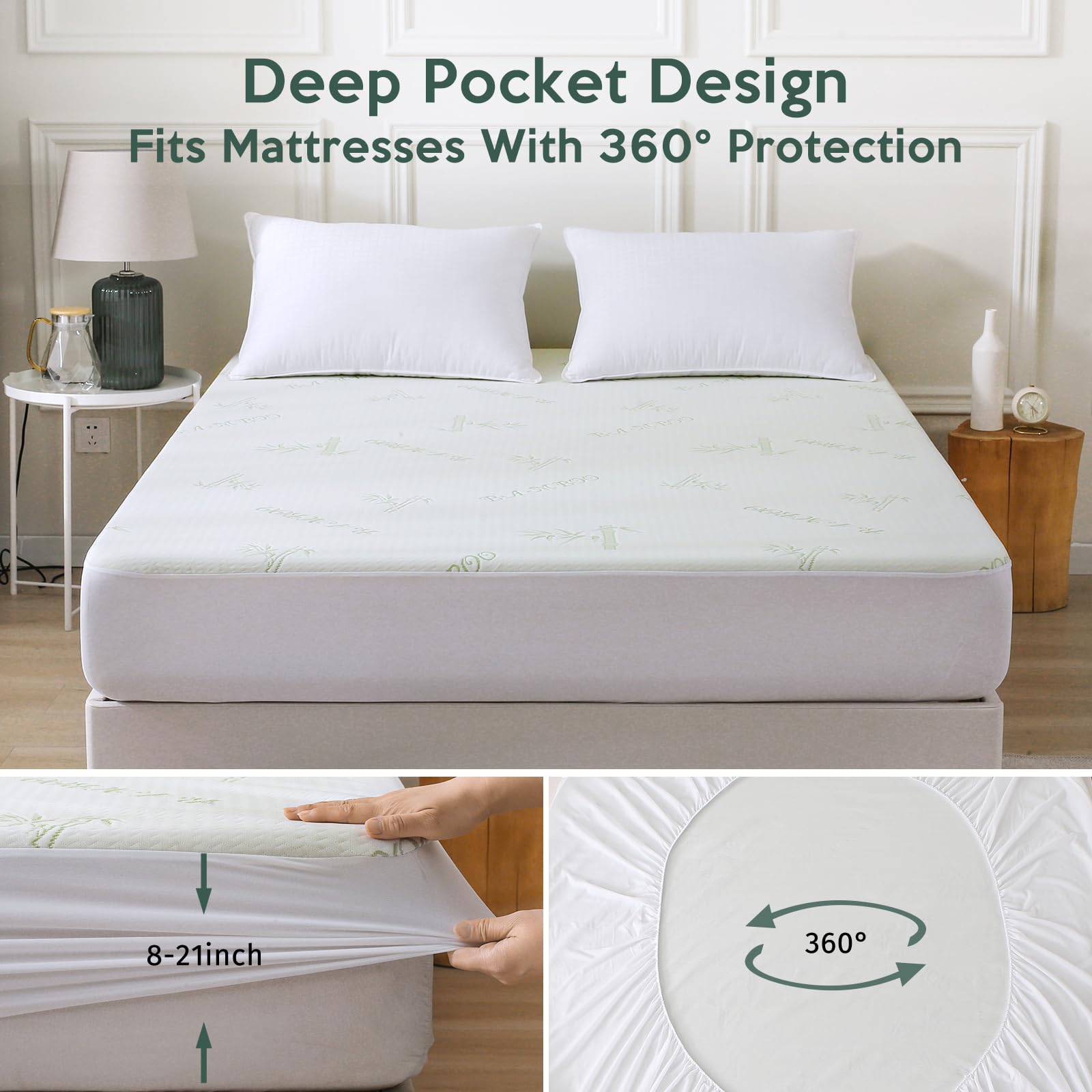 MUXHOMO Premium 100% Waterproof Queen Size Mattress Protector, Breathable Mattress Cover Queen Size Bed, Cooling 3D Air Fabric Bed Pad Cover, Deep Pocket 8