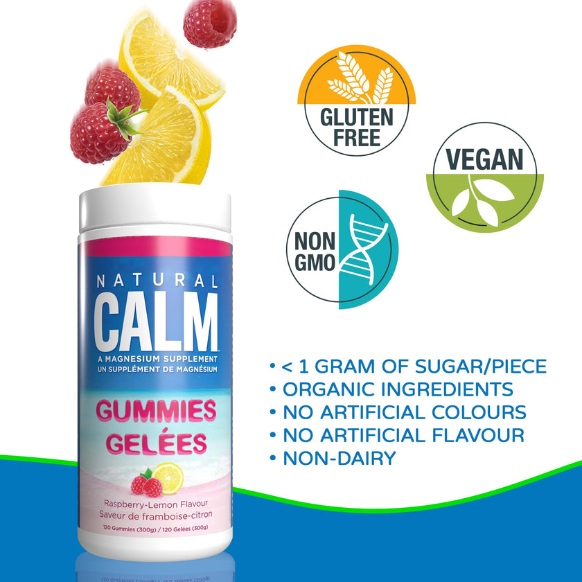 Natural Calm Magnesium Gummies (Raspberry Lemon Flavour), 120 Count - Chewable - Fast Absorbing - Relaxing - Vegan, Gluten-free, Ages 4 and up 🍁 All In One Marketplace Canada