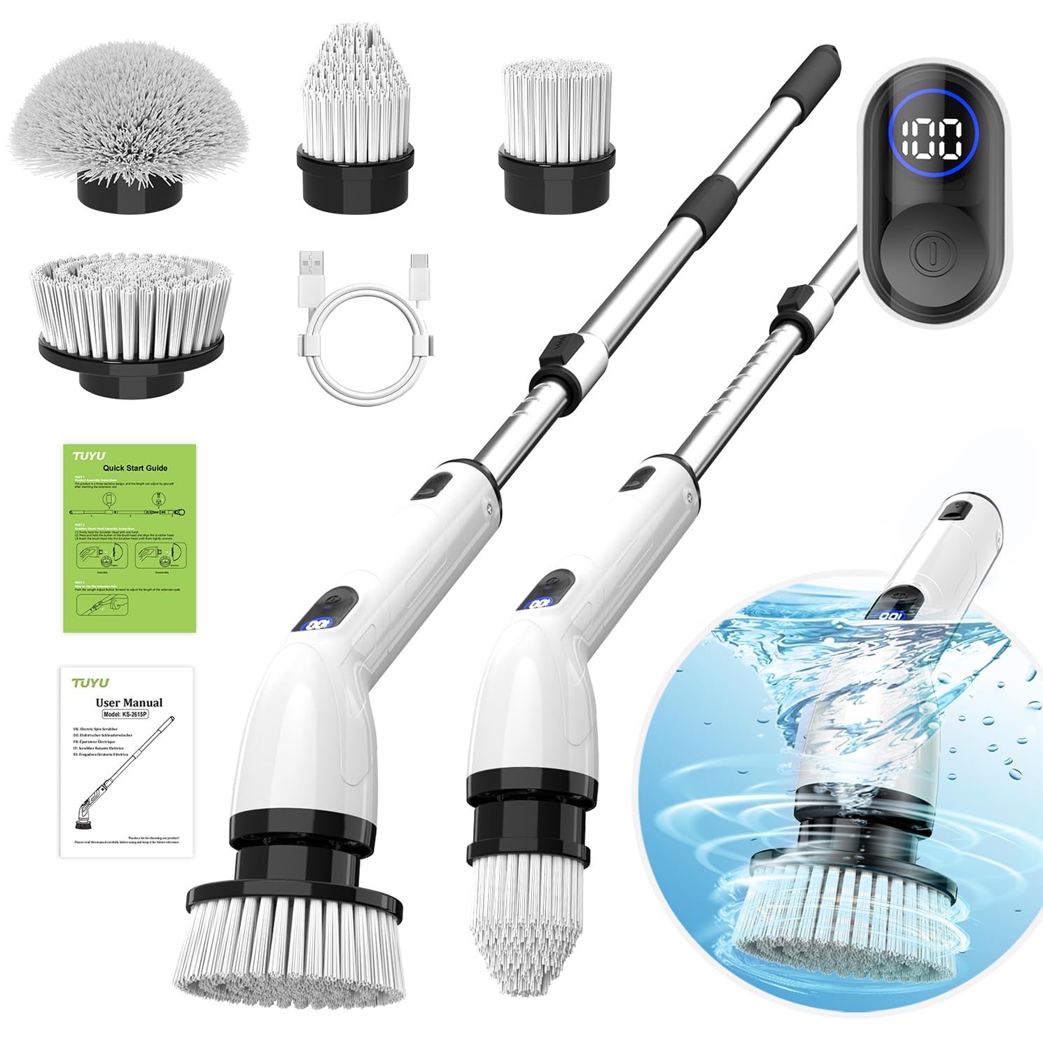 TUYU Electric Spin Scrubber, Full-Body IPX7 Waterproof Bathroom Scrubber with Power LCD Display, Adjustable Extension Handle, Cordless Shower Cleaner Brush for Bathtub Kitchen Wall Cleaning 🍁 All In One Marketplace Canada