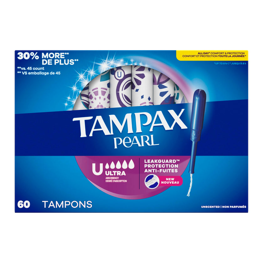 Tampax Pearl Tampons, with LeakGuard Braid, Ultra Absorbency, Unscented, 60 Count 🍁 All In One Marketplace Canada