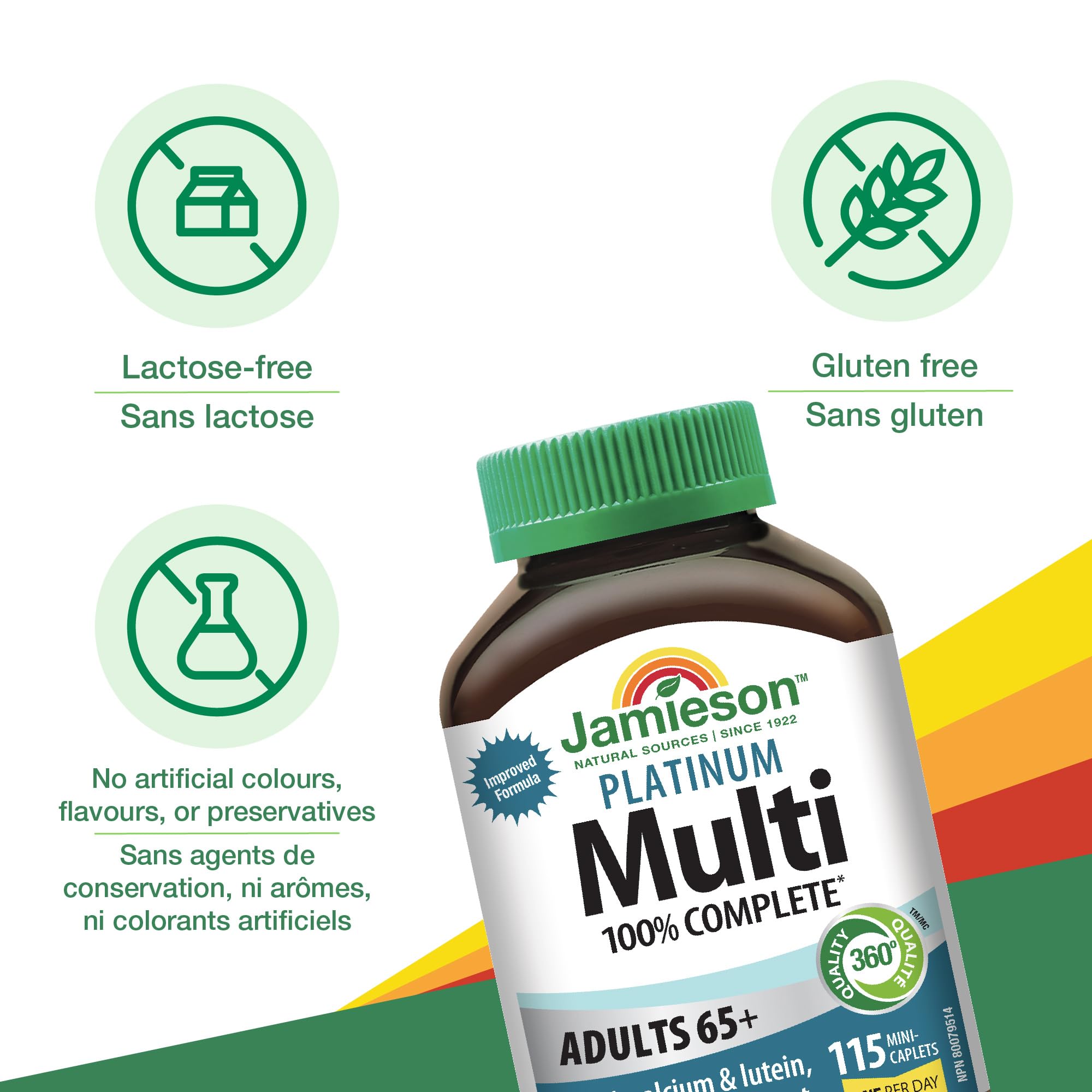 Jamieson 100% Complete Multivitamin Platinum for Adults 65+, 115 Mini Caplets. With Lycopene, Lutein and Additional Immune Support. Supports Energy, Eye Health, Bone, and Overall Health, One Per Day 🍁 All In One Marketplace Canada