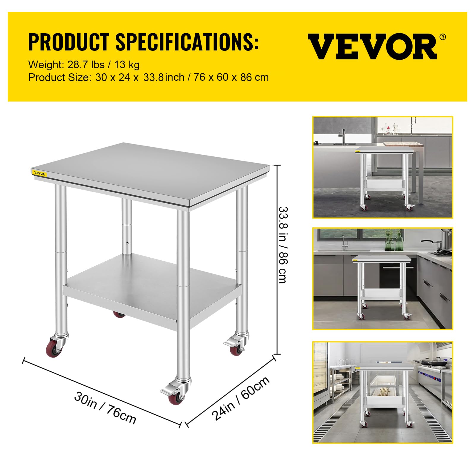 VEVOR Stainless Steel Work Table with Wheels 24 x 30 Prep Table with casters Heavy Duty Work Table for Commercial Kitchen Restaurant Business 🍁 All In One Marketplace Canada