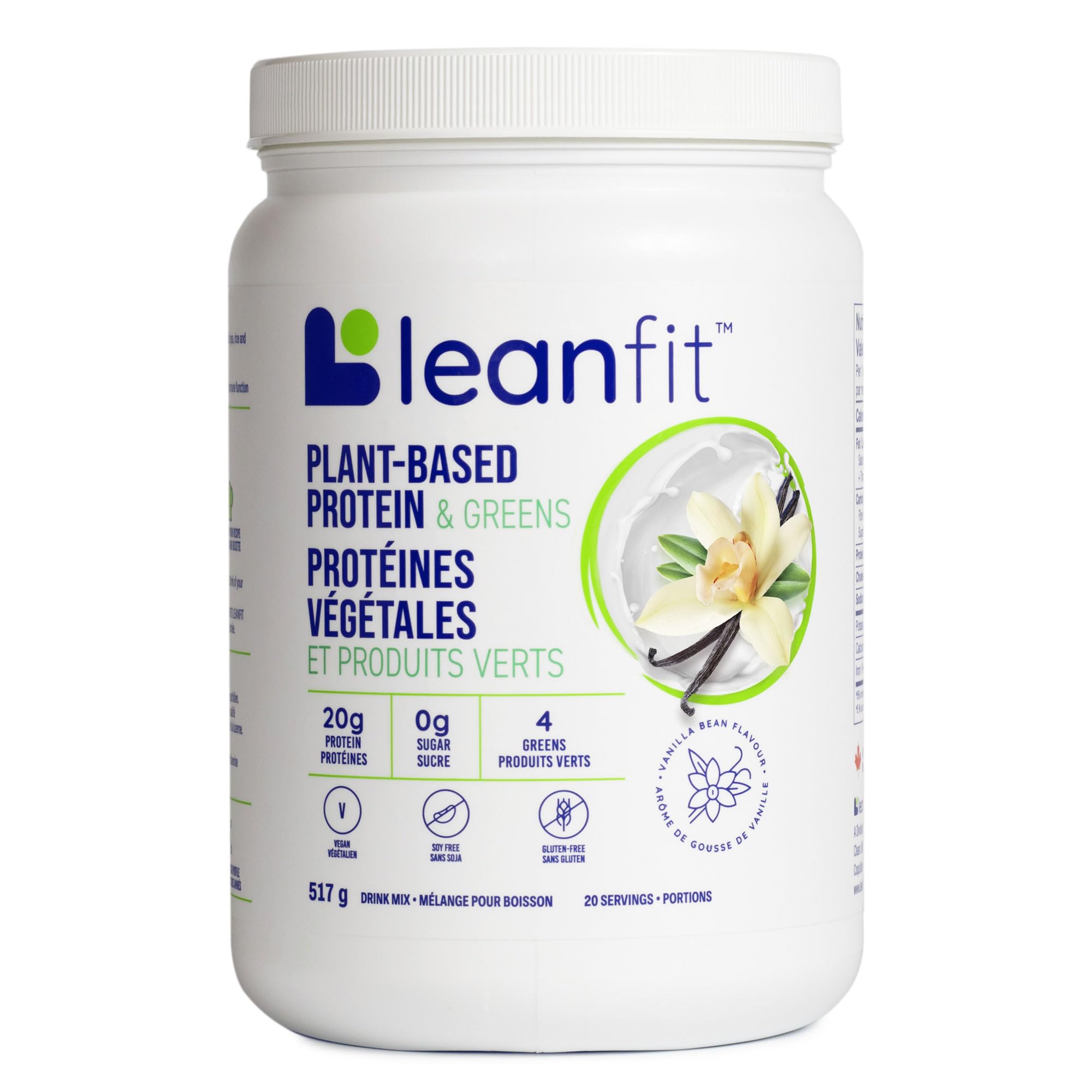 LEANFIT PLANT-BASED PROTEIN & GREENS Natural Vanilla – 20g Plant Protein + 4 Leafy Greens Per Serving – Vegan, Gluten-Free, Soy-Free, No Sugar - 20 Servings, 517g Tub 🍁 All In One Marketplace Canada