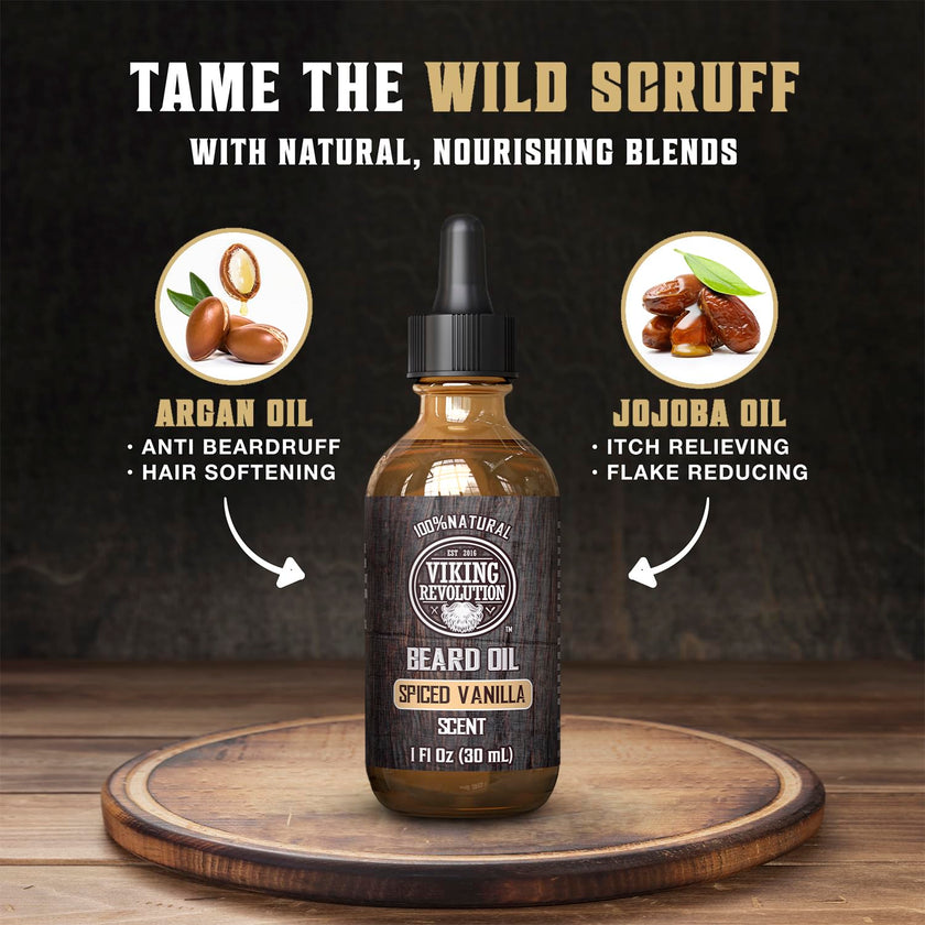 Viking Revolution - Beard Oil - All Natural Beard Oil Men with Argan Oil & Jojoba Oil - Softens, Smooths & Strengthens - Beard Conditioner - Gifts For Men - Spiced Vanilla - 30 ml 🍁 All In One Marketplace Canada
