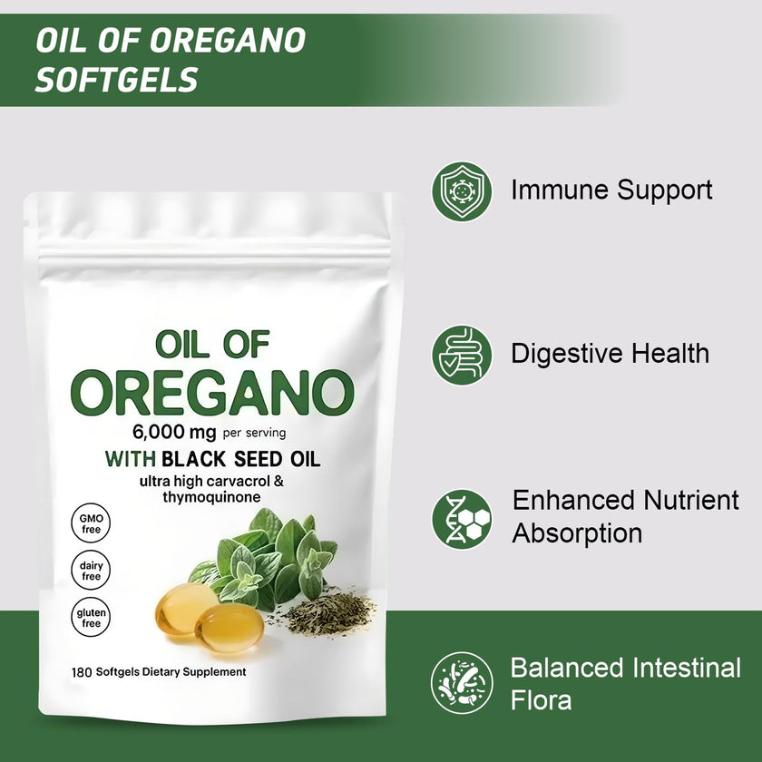 Oil of Oregano Softgels 6000mg Per Serving, 2 in 1 Formulated with Black Seed Oil 200mg, 4X Strength Carvacrol & Thymoquinone | Plant Based, Non-GMO & Immune Support (180 Count/1 Bag) 🍁 All In One Marketplace Canada