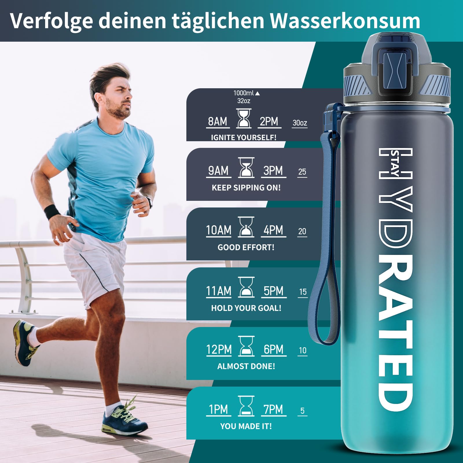 QLUR Water Bottle with Straw, 32oz Sports Motivational Water Bottle with Time Markings to Drink & Carry Strap & Clean Brush, 1L, Tritan, BPA Free, LeakProof for Women Men Gym Fitness Outdoor (1 Pack) 🍁 All In One Marketplace Canada