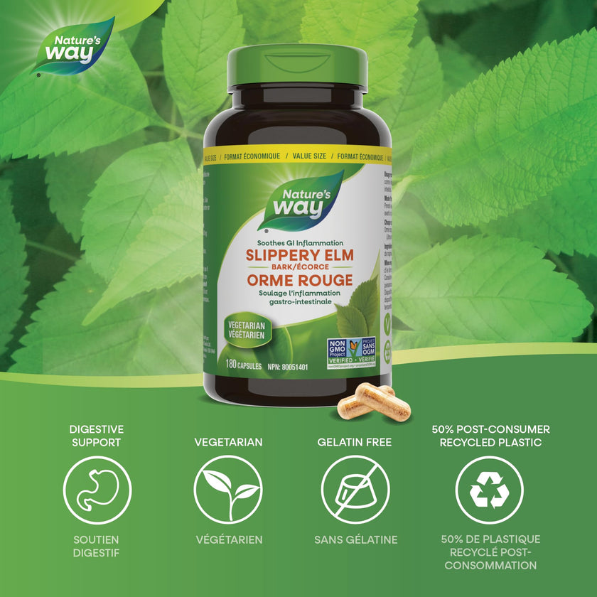 Nature’s Way Slippery Elm Bark – Traditionally Used to Soothe GI Tract Inflammation – Vegetarian, Non-GMO– 180 Capsules 🍁 All In One Marketplace Canada