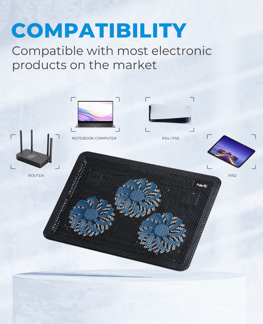 HAVIT HV-F2056 15-17 Inch Laptop Cooler Cooling Pad - Slim Portable USB Powered (3 Fans)(Black+Blue) 🍁 All In One Marketplace Canada