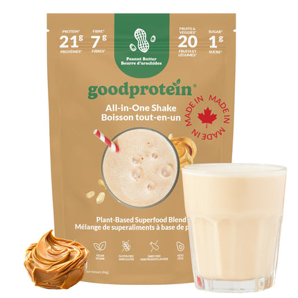 Good Protein Vegan Plant-based Protein Powder 100% Natural, Non-GMO, Dairy-free, Gluten-free, Soy-free, No Added Sugar and Nothing Artificial. Peanut Butter All-in-One Shake 440 grams 🍁 All In One Marketplace Canada