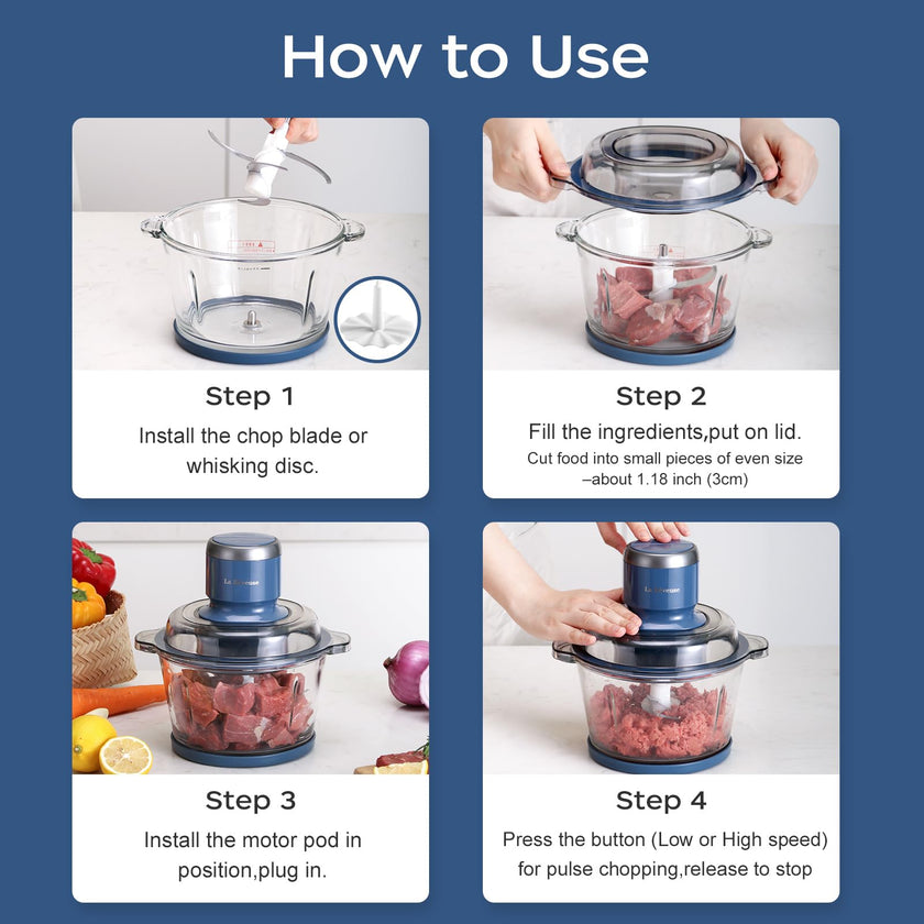 La Reveuse Food Processor,Electric Food Chopper with 7-Cup (1.7L) Glass Bowl, 4 Bi-Level Blades for Chopping,Grinding,Mincing,Whisking,Meal Prep,300W,Blue 🍁 All In One Marketplace Canada