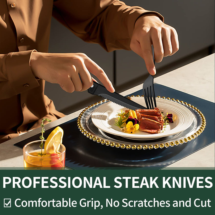 24-Piece Black Silverware Set with Steak Knives, Black Flatware Set for 4, Food-Grade Stainless Steel Tableware Cutlery Set, Mirror Finished Utensil Sets for Home Restaurant 🍁 All In One Marketplace Canada