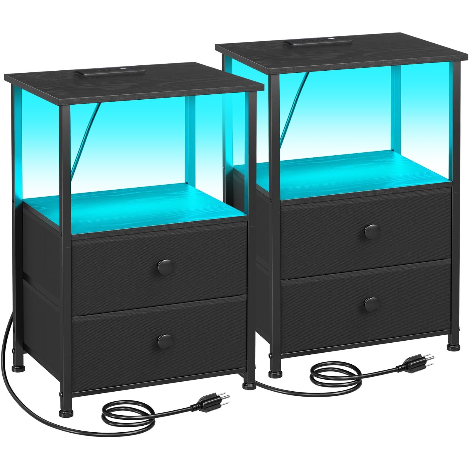 LOAKEKEL Night Stands Set 2, Bedside Table with Charging Station and LED Light, Nightstand with 2 AC Outlets and USB Ports, End Table with 2 Fabric Drawers for Bedroom, Living Room, Black, HETS02BK 🍁 All In One Marketplace Canada