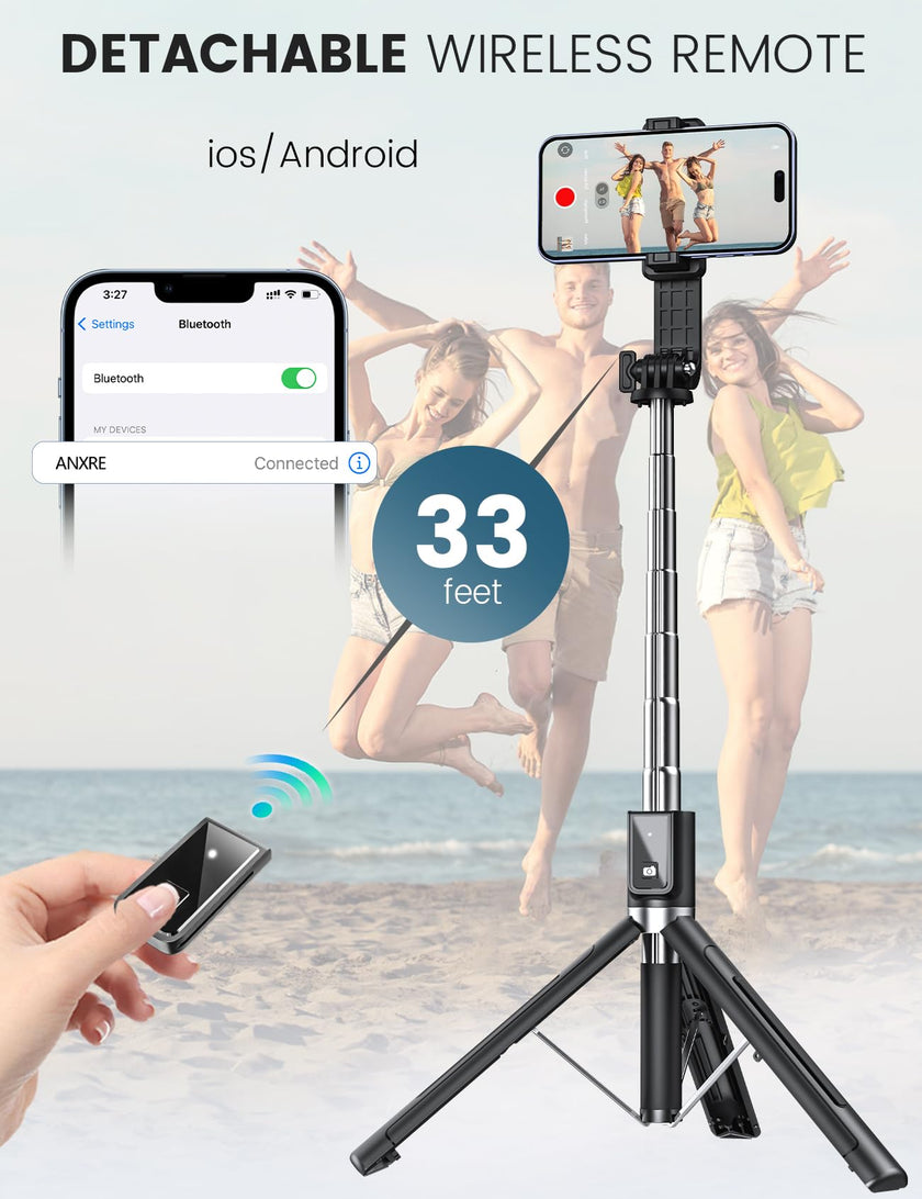 ANXRE Selfie Stick Tripod with Fill Light and Stable Base, Extendable Phone Tripod with Detachable Wireless Remote, 50
