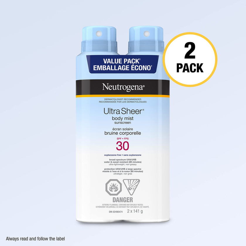 Neutrogena ultra Sheer Body Mist Sunscreen Spray Spf 30 Duo Pack With Uva/uvb Broad Spectrum Sun Protection, lightweight, Water-resistant, Oil-Free, non-comedogenic & Oxybenzone-Free, 2 X, 141 Grams 🍁 All In One Marketplace Canada