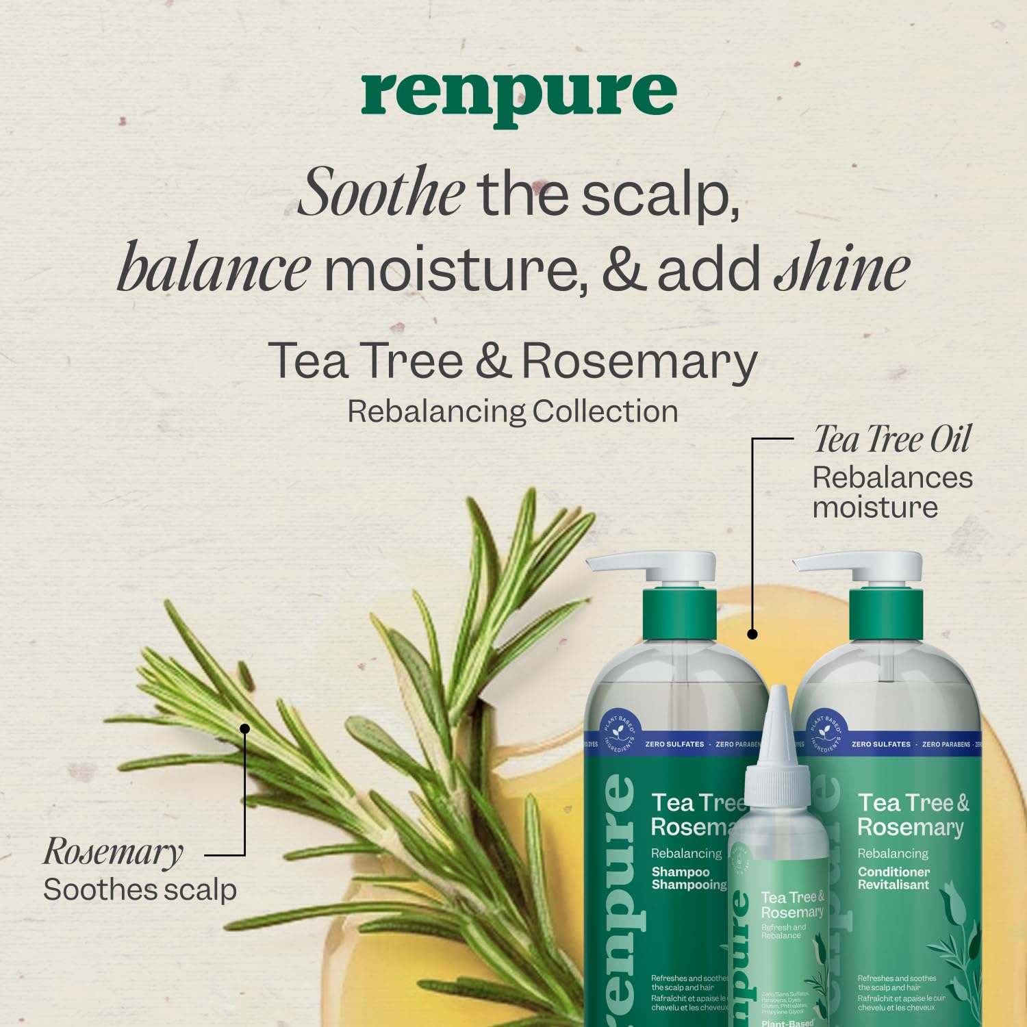 Renpure Tea Tree & Rosemary Shampoo & Conditioner Set, Plant Based - Refreshes & Rebalances Hair and Scalp - For Oily/Normal Hair - Tea Tree Leaf Oil, Rosemary Leaf Extract - 24 Fl Oz each, 2 Pack 🍁 All In One Marketplace Canada