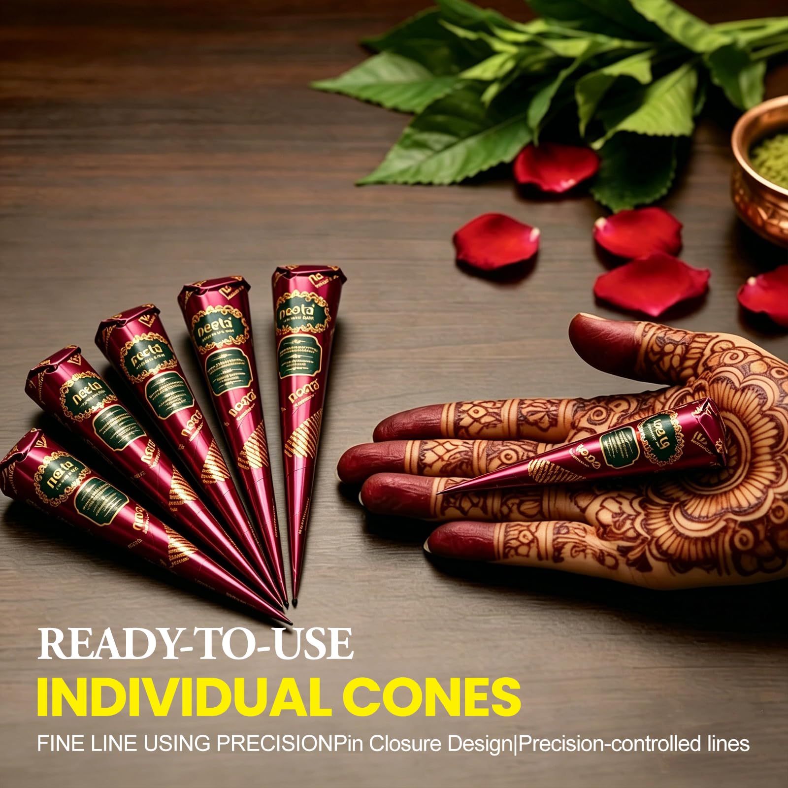 4 Pack Natural Mehendi Cone Henna Paste Temporary Tattoo Paste with 8pcs Tattoo Stencils| Each cone 25 grams | Indian Body Art Painting Drawing Tattoos Freckles (Reddish Brown Color) 🍁 All In One Marketplace Canada