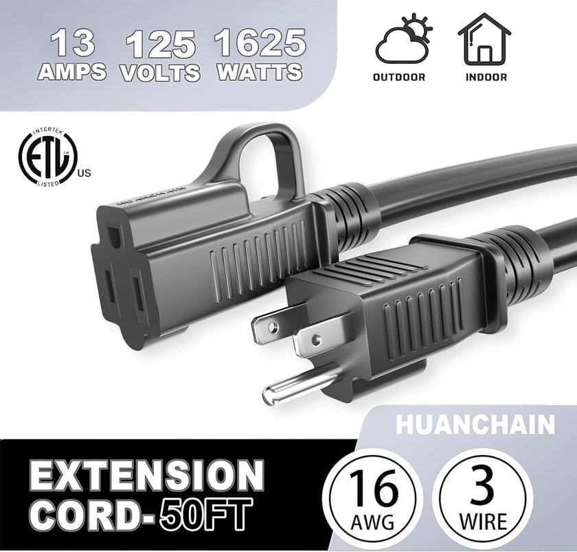 HUANCHAIN Indoor Outdoor Black Extension Cord 50 ft Waterproof, 16/3 Gauge Flexible Resistant Appliance Extension Cord Outside, 13A 1625W 16AWG SJTW, 3 Prong Electric Cable, ETL 🍁 All In One Marketplace Canada