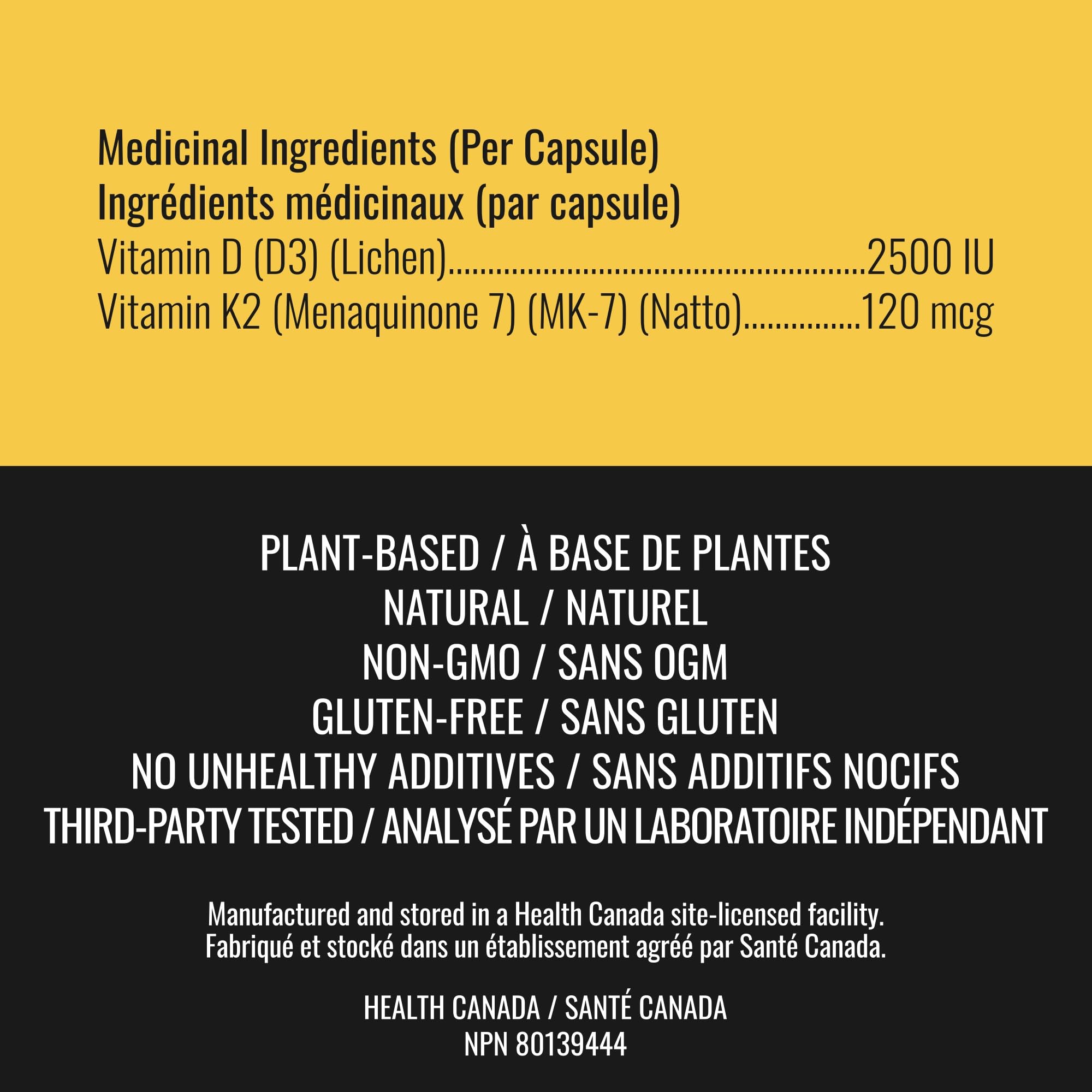 Vitamin D3 K2 Supplement - 2500 IU D3, 120 mcg K2 MK7 x 124 Capsules - Plant-Based, Vegan - Prevents Deficiency, Supports Bone Health in Women and Men - Made in Canada, Third-Party Tested - Nutritionn 🍁 All In One Marketplace Canada