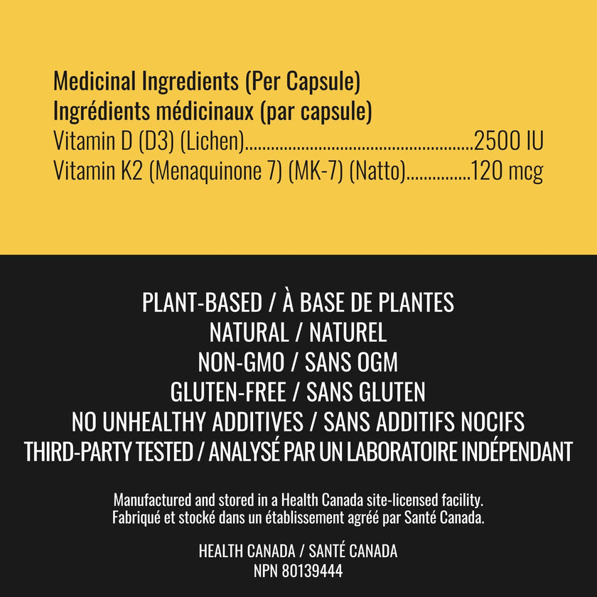 Vitamin D3 K2 Supplement - 2500 IU D3, 120 mcg K2 MK7 x 124 Capsules - Plant-Based, Vegan - Prevents Deficiency, Supports Bone Health in Women and Men - Made in Canada, Third-Party Tested - Nutritionn 🍁 All In One Marketplace Canada