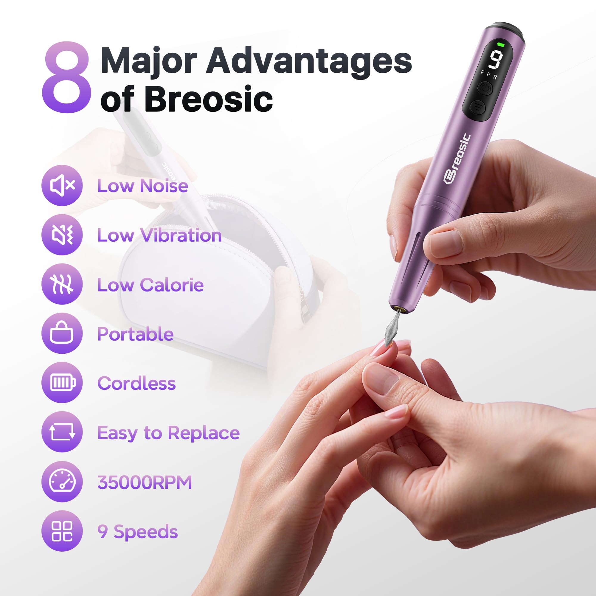 Breosic Electric Nail Drill 35000RPM,12-in-1 Nail File Portable USB-Rechargeable Cordless Nail Drill Professional with 9-Speed & LED Display Manicure Pedicure Nail Kits for Acrylic & Gel Nails(Purple) 🍁 All In One Marketplace Canada
