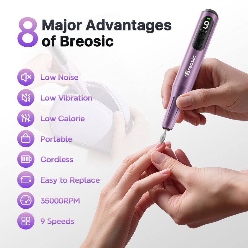 Breosic Electric Nail Drill 35000RPM,12-in-1 Nail File Portable USB-Rechargeable Cordless Nail Drill Professional with 9-Speed & LED Display Manicure Pedicure Nail Kits for Acrylic & Gel Nails(Purple) 🍁 All In One Marketplace Canada
