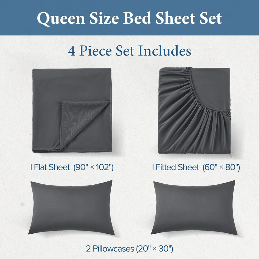 JOLLYVOGUE Queen Size Bed Sheet Set - 4 Piece Bed Sheets Set with Deep Pocket - Soft Breathable & Cooling - Resists Shrinkage & Fading Draps Queen - Easy Care (Dark Grey) 🍁 All In One Marketplace Canada